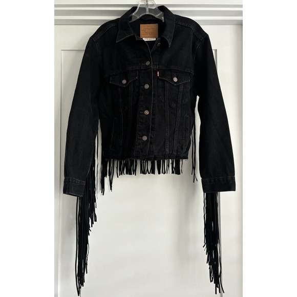 NWOT LEVI'S Ex Boyfriend Black DENIM TRUCKER JACKET With Fringe Sz S - Picture 4 of 8